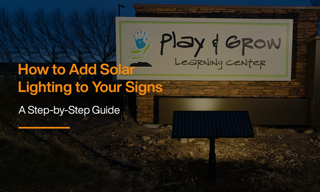 Business monument sign illuminated with a solar panel lighting system, showcasing a step-by-step guide to retrofitting signs with off-grid solar lighting.