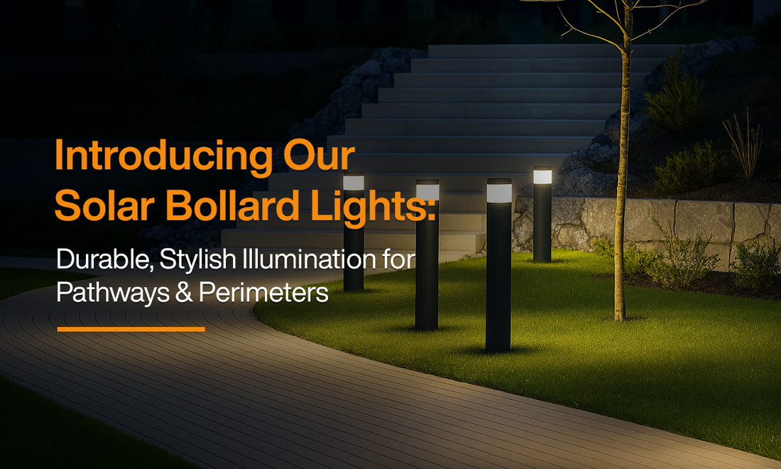Modern solar bollard lights illuminating a landscaped pathway and perimeter, providing durable, stylish, and sustainable outdoor lighting for walkways and gardens.