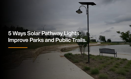 Solar pathway light installed along a park trail with benches and greenery, showcasing how solar lighting improves safety and usability of public spaces.