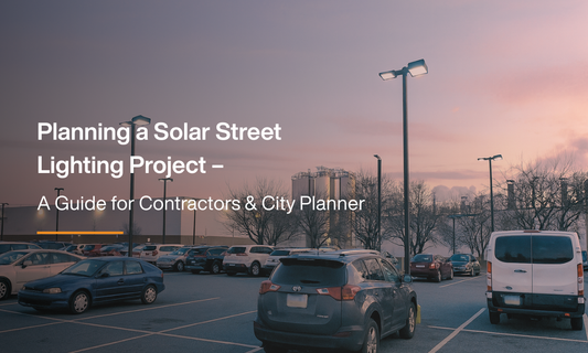 Solar street lighting project planning guide for contractors and city planners in urban parking lot with LED solar lights at sunset