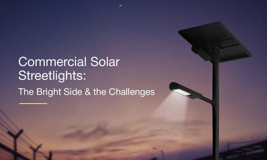 Solar-powered LED street lights in commercial area showing benefits and challenges