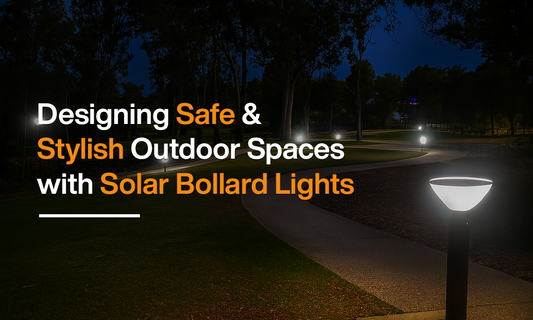 Pathway illuminated with solar bollard lights in a landscaped outdoor park, showcasing safe and stylish off-grid lighting for walkways and public spaces.