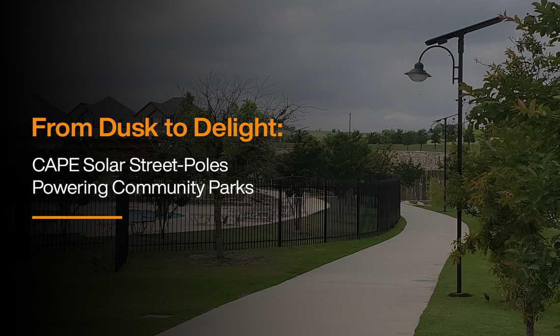 Community park pathway illuminated by CAPE solar street-pole lights, showcasing off-grid LED lighting for safer public spaces after dusk.