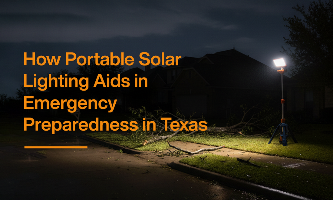 Portable solar light tower illuminating a residential street after a storm in Texas, showcasing emergency preparedness with off-grid solar lighting solutions.