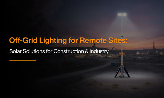 Portable solar light tower illuminating a remote construction site at night, showcasing off-grid LED lighting solutions for industrial and highway projects.