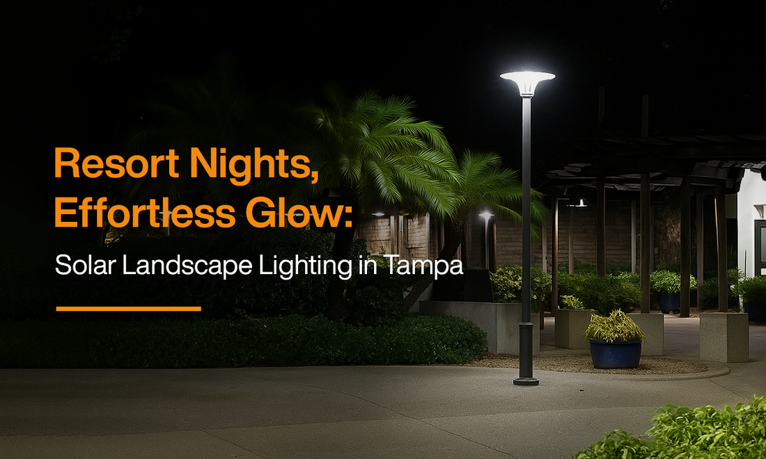 Resort pathway illuminated with solar landscape lighting in Tampa, showcasing safe, stylish, and sustainable outdoor lighting for hotels and hospitality spaces.