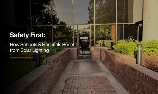 Solar pathway lighting at a school entrance showing how campuses and hospitals improve safety with sustainable solar lighting solutions