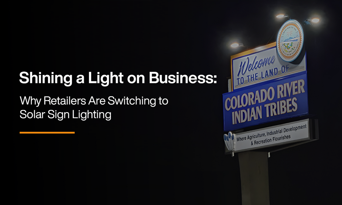 Illuminated retail signboard powered by solar lighting at night with the text "Shining a Light on Business: Why Retailers Are Switching to Solar Sign Lighting