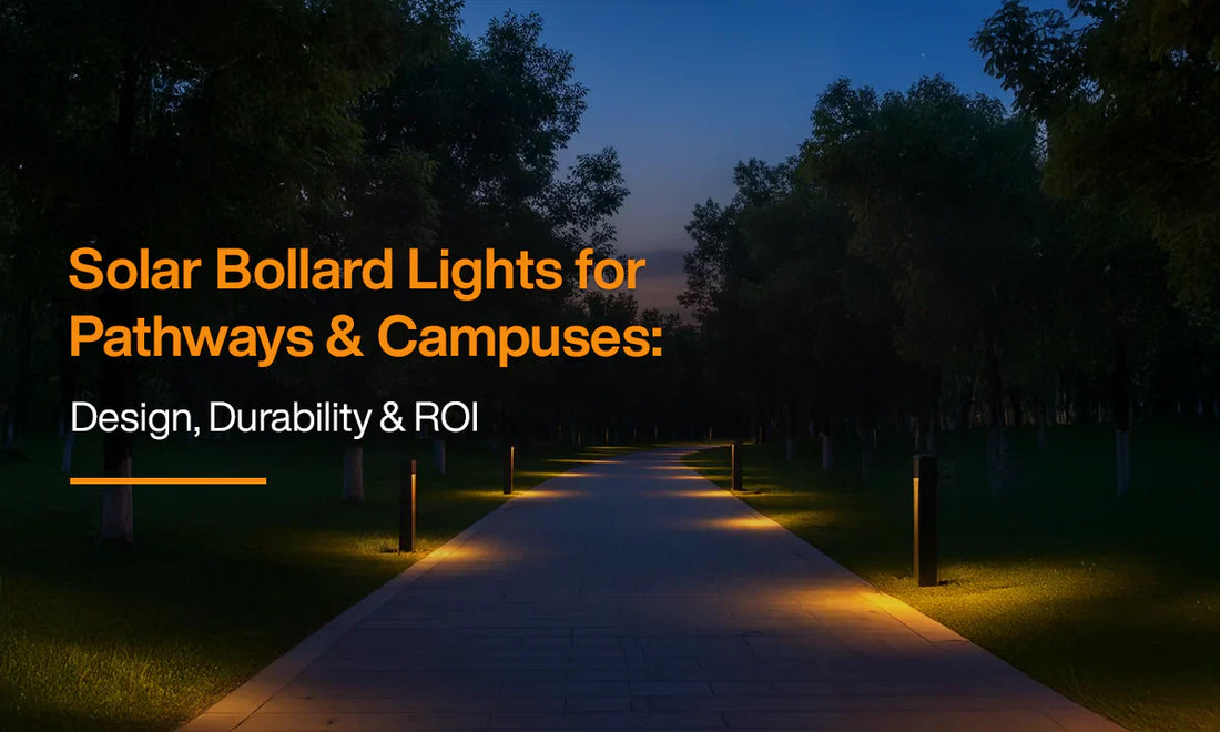 Solar bollard pathway lighting illuminating a campus walkway at night, showing warm light distribution, durability, and modern landscape design.