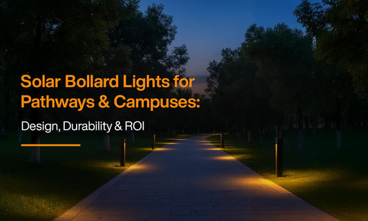 Solar bollard pathway lighting illuminating a campus walkway at night, showing warm light distribution, durability, and modern landscape design.