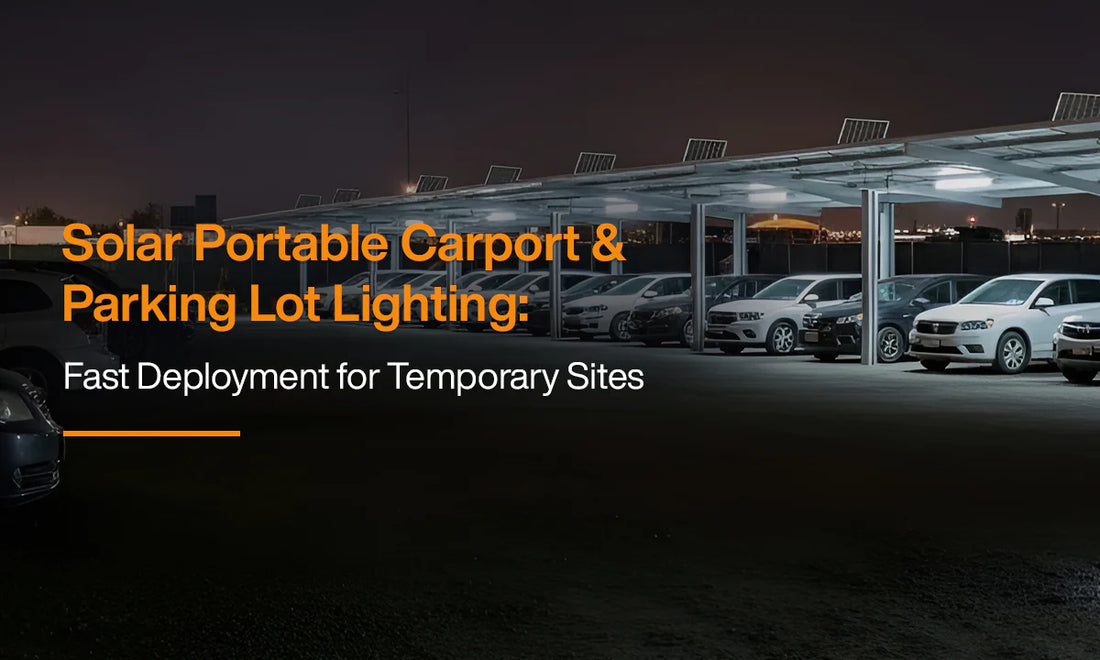 Solar portable carport and parking lot lighting system for fast deployment at temporary sites.