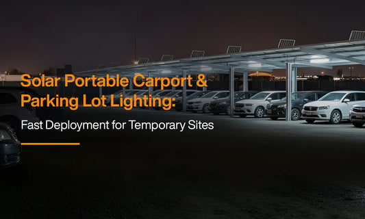 Solar portable carport and parking lot lighting system for fast deployment at temporary sites.