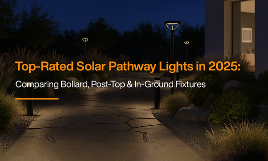 Solar pathway lights installed along a modern walkway at night, featuring bollard and post-top solar fixtures for outdoor landscape lighting.