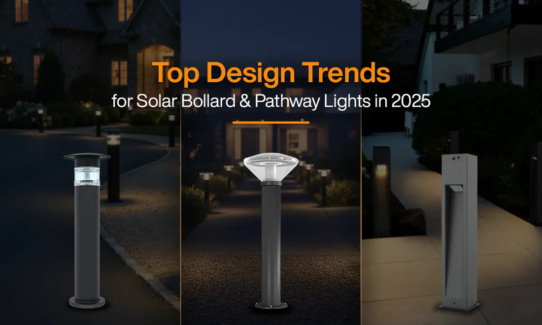 modern resort walkway featuring solar bollard pathway lights with warm lighting and architectural design