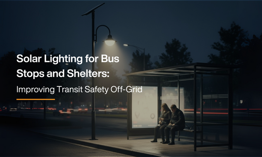 Bus stop shelter illuminated with solar-powered lights at night, showcasing safer and more accessible public transit through off-grid solar lighting solutions.