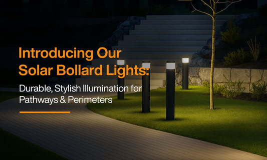 Modern solar bollard lights illuminating a landscaped pathway and perimeter, providing durable, stylish, and sustainable outdoor lighting for walkways and gardens.