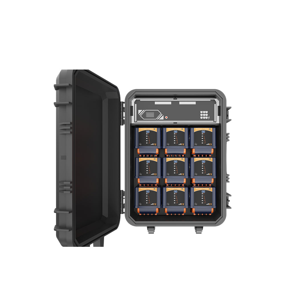 Light Tower Charger | Solar Compatible | AVS-TKC9H | 9 Bay Simultaneous Rapid Charger | Input AC 100-277V 2.5A | Output 29.4V 4.0A | Charge Time 5H(Single D24-100) | Recommended Battery D24-54 / D24-100 / D24-500