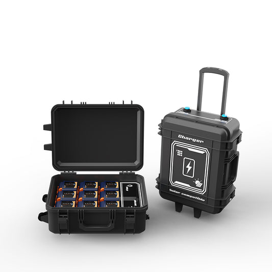 Light Tower Charger | Solar Compatible | AVS-TKC9H | 9 Bay Simultaneous Rapid Charger | Input AC 100-277V 2.5A | Output 29.4V 4.0A | Charge Time 5H(Single D24-100) | Recommended Battery D24-54 / D24-100 / D24-500